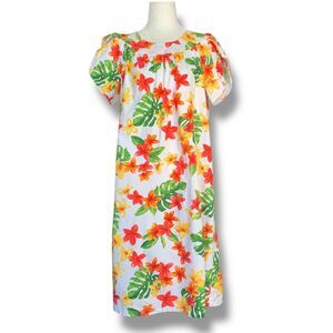Vintage Puanani Made In Hawaii Orange Yellow Floral Muumuu Midi Dress Medium